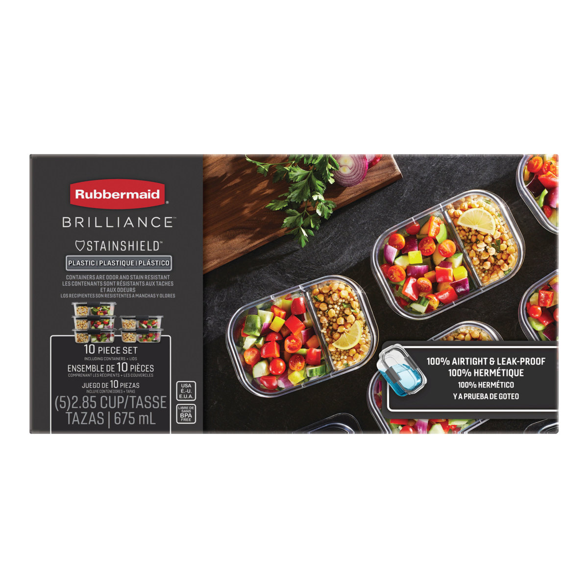 Rubbermaid Brilliance Meal Prep Containers Set, 2-Compartment, 2.85 Cup, 5-Pack